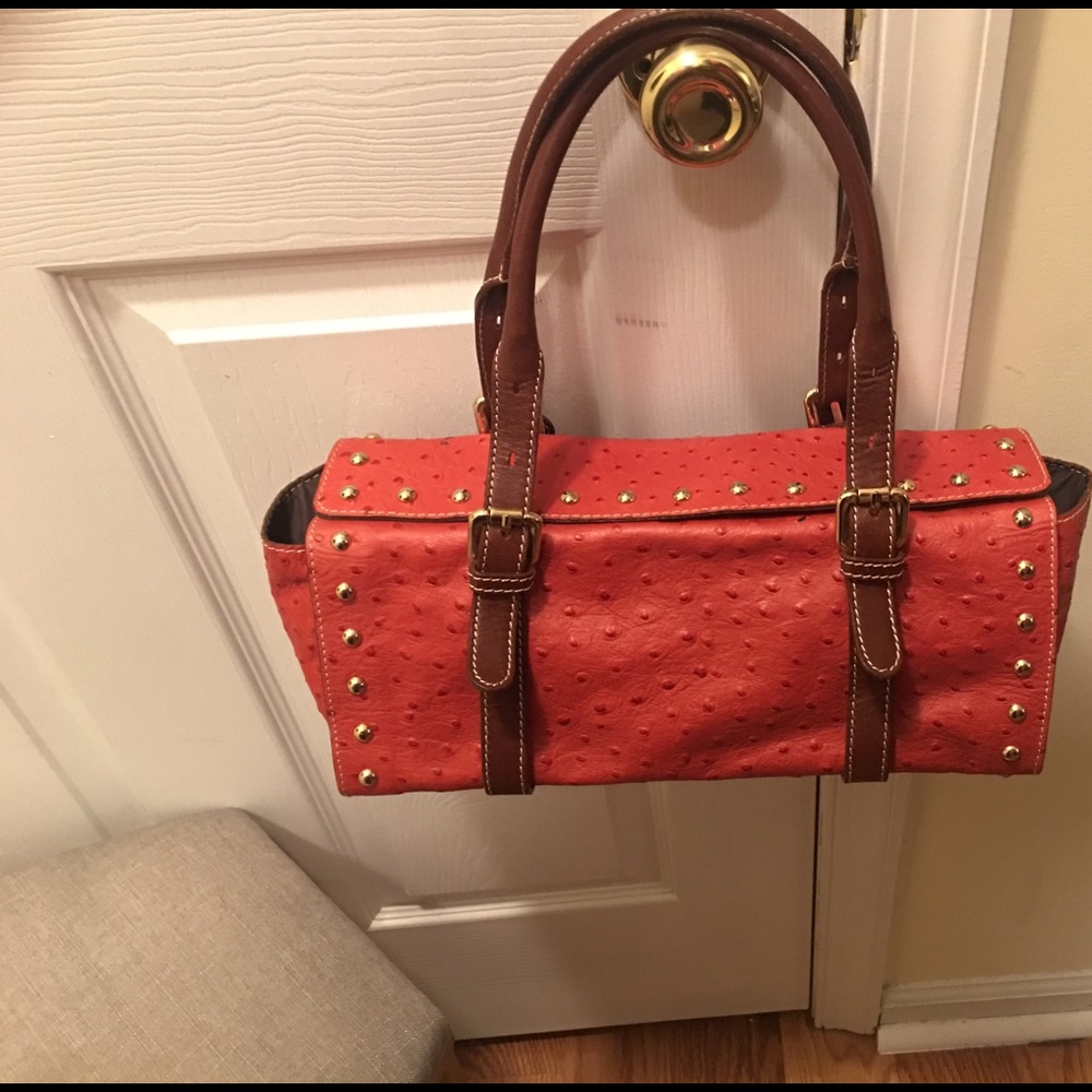 Ostrich satchel. Italian red leather.